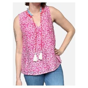 Roller Rabbit NWT Floral Sleeves Cotton Silk Vinca Jaden Blouse Pink White Small